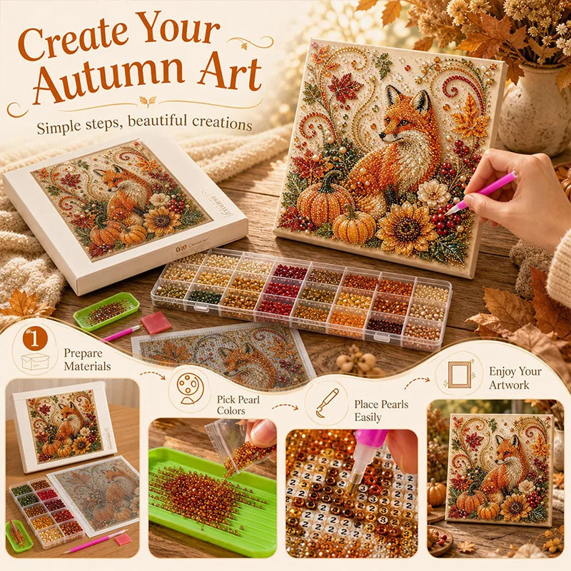 A DIY autumn art kit showing various materials including paint, seeds, and small pearls used for creating seasonal paintings.