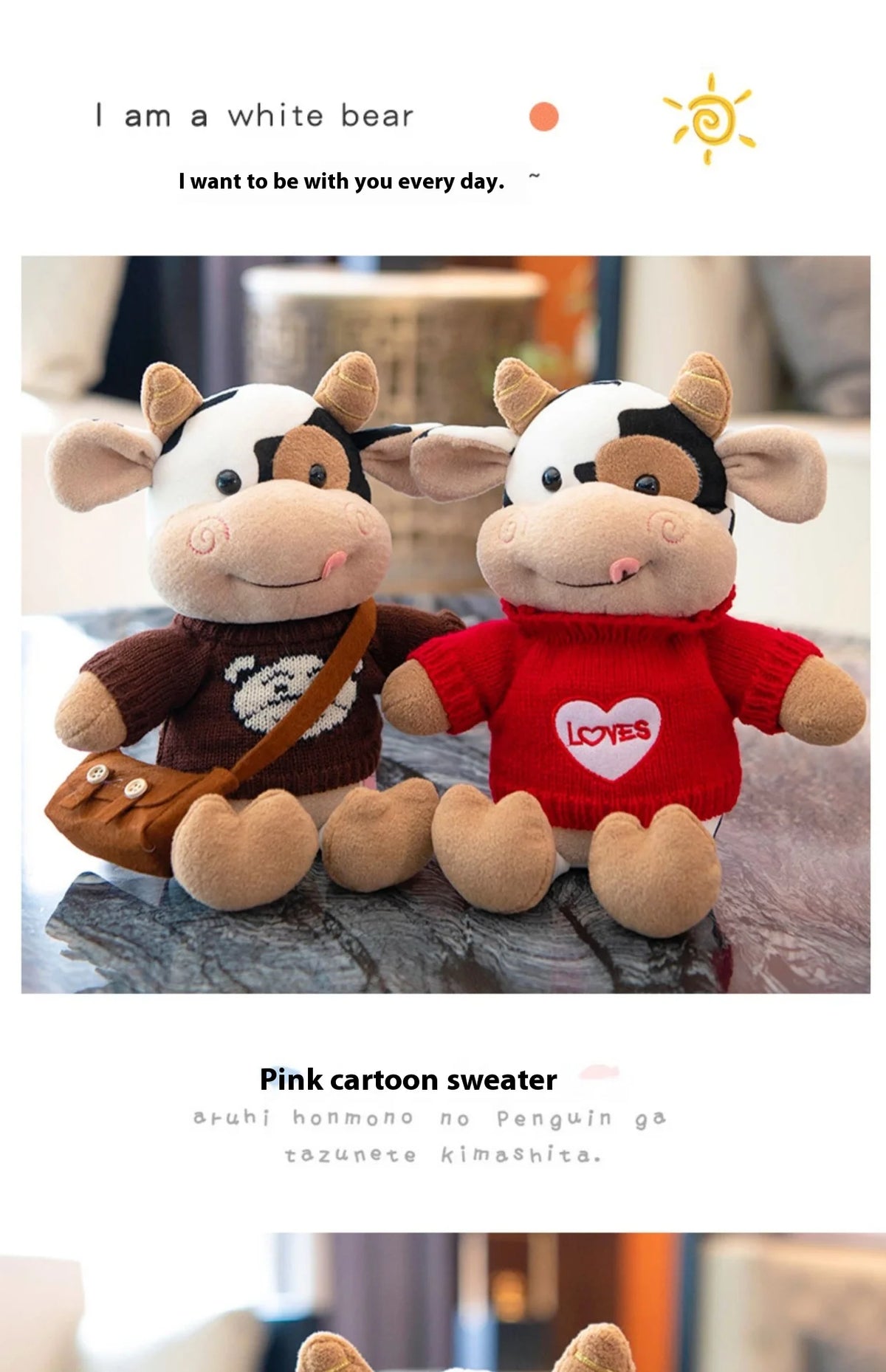 A plush cow doll wearing a red sweater with a heart design, sitting on a surface.