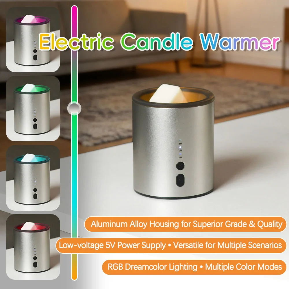 Silver electric candle warmer with an aluminum alloy housing and RGB dim color lighting