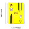 A yellow card game featuring various food-themed illustrations like a pizza, cat, taco, and slice of cheese.