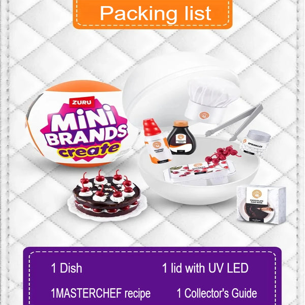 Pakkliste med Zuru Mini Brands Masterchef blind bold samlelegetøj, inkl. skål, låg med UV LED, opskrift
