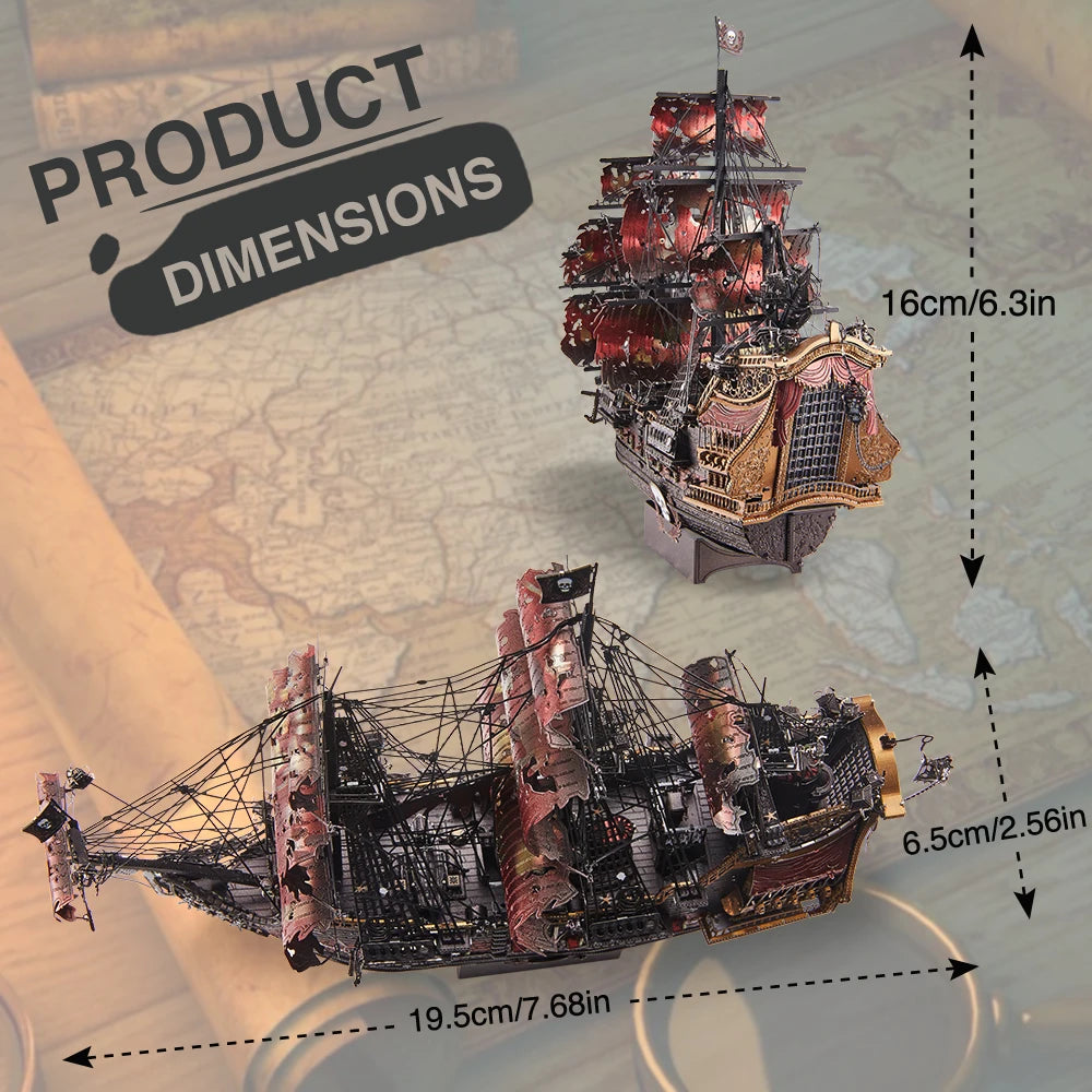 A detailed metal 3D puzzle model of a ship, Queen Anne's Revenge, shown in profile with dimensions marked.