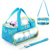 A blue Toniebox travel case with an adjustable strap and a clear window showing toys inside.