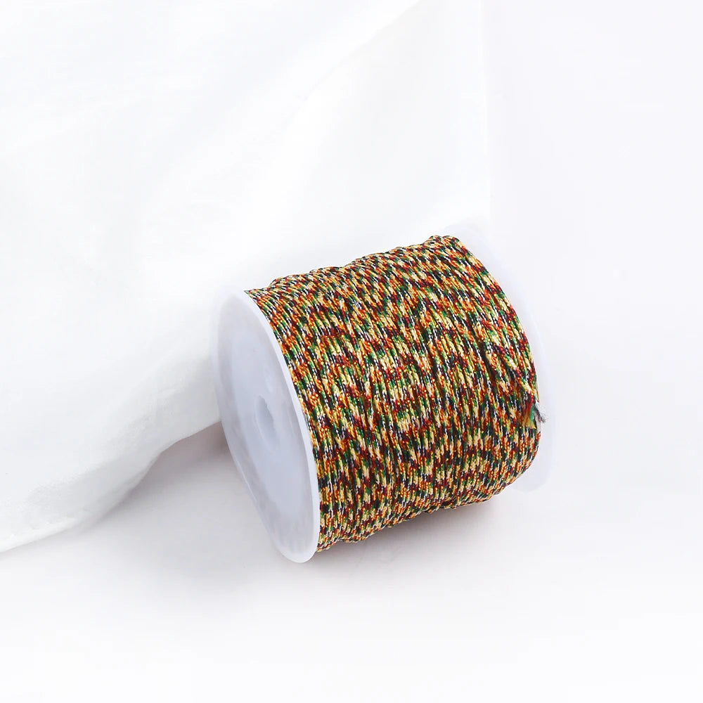 A roll of multicolored macrame cord for jewelry making and crafts, showing the texture and vibrant colors.