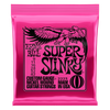A pink foil package of Ernie Ball Super Slinky nickel wound electric guitar strings featuring an eagle graphic.