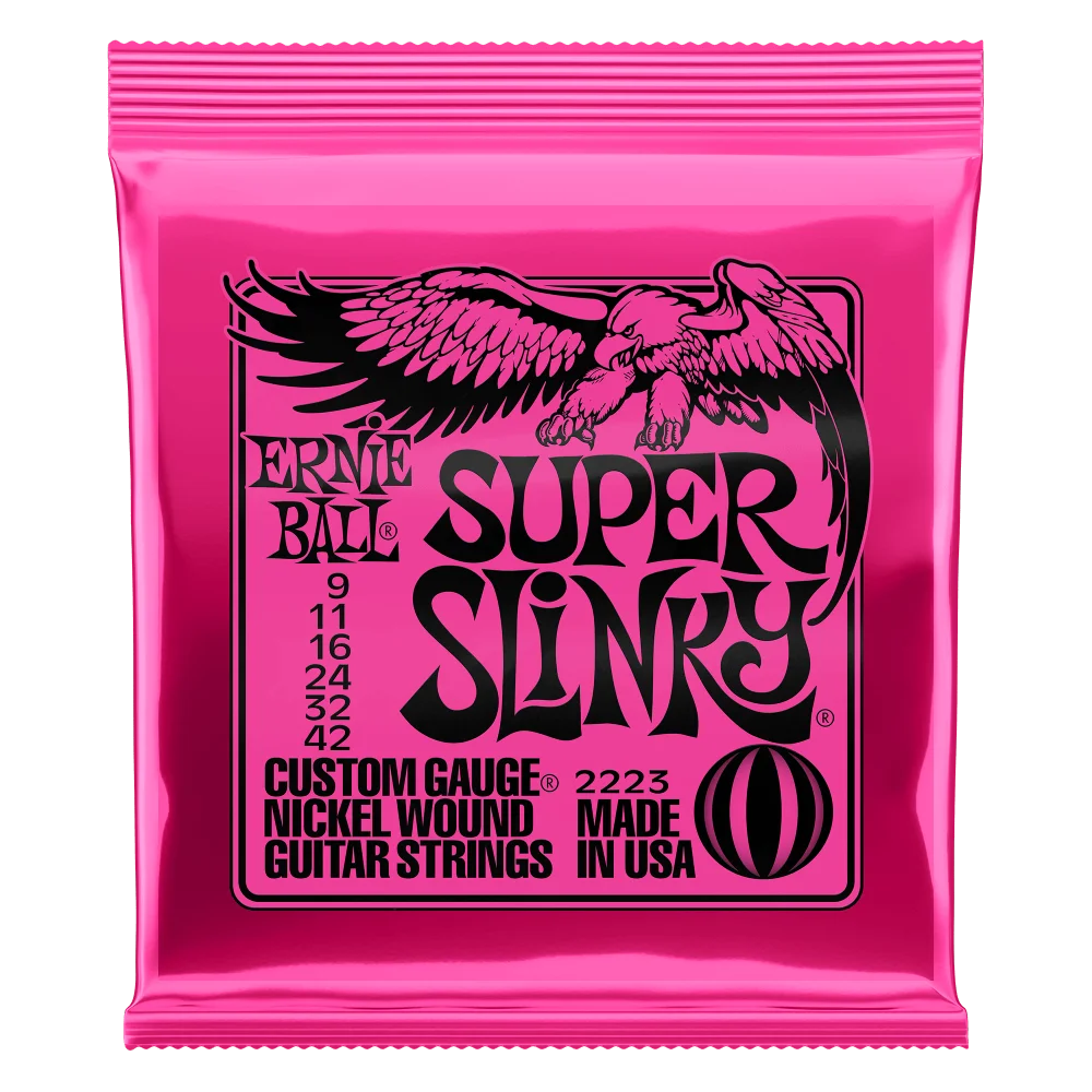 A pink foil package of Ernie Ball Super Slinky nickel wound electric guitar strings featuring an eagle graphic.
