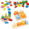 A wooden geometric shape sorter puzzle set featuring various colored shapes like cubes, cylinders, and triangles for toddlers
