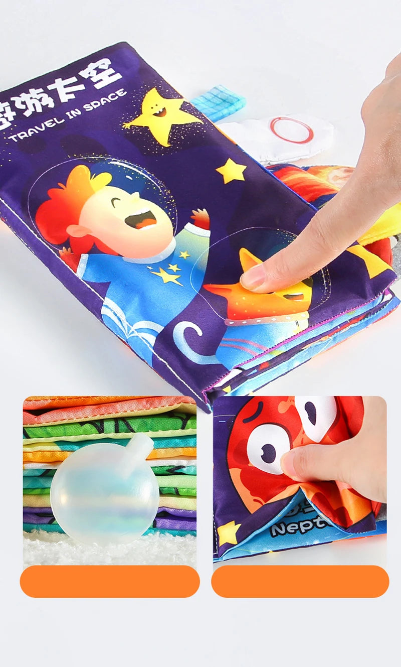 A purple sensory cloth book featuring a cartoon character, with close-ups of crinkled pages and colorful fabric.