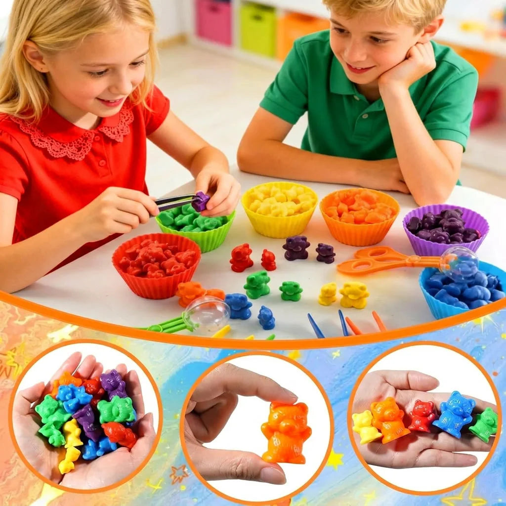 Counting Bears with sorting cups and tweezers toy showing colorful bears and plastic tools for learning