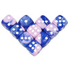 A set of ten acrylic six-sided dice in a multi-color marbled pattern featuring blue and pink hues.