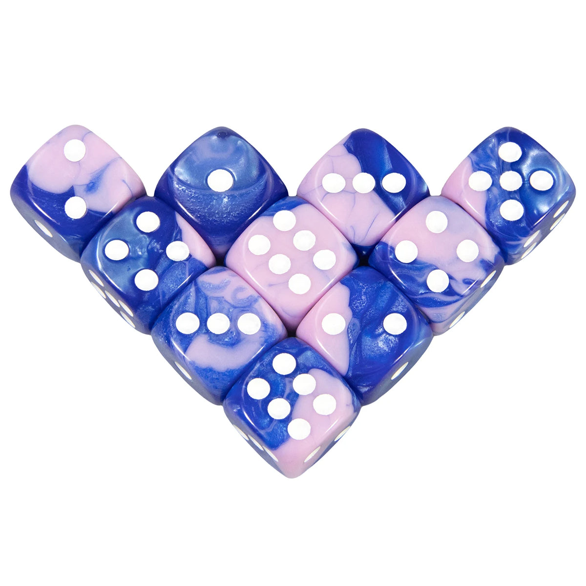 A set of ten acrylic six-sided dice in a multi-color marbled pattern featuring blue and pink hues.