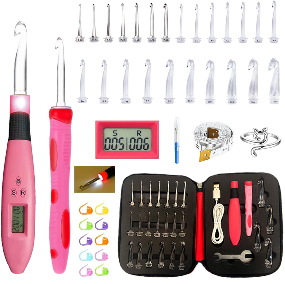 Ergonomic Crochet Hook Set with LED Light and Digital Row Counter