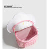 A pink mini backpack with a white lid featuring a mushroom print and striped trim.