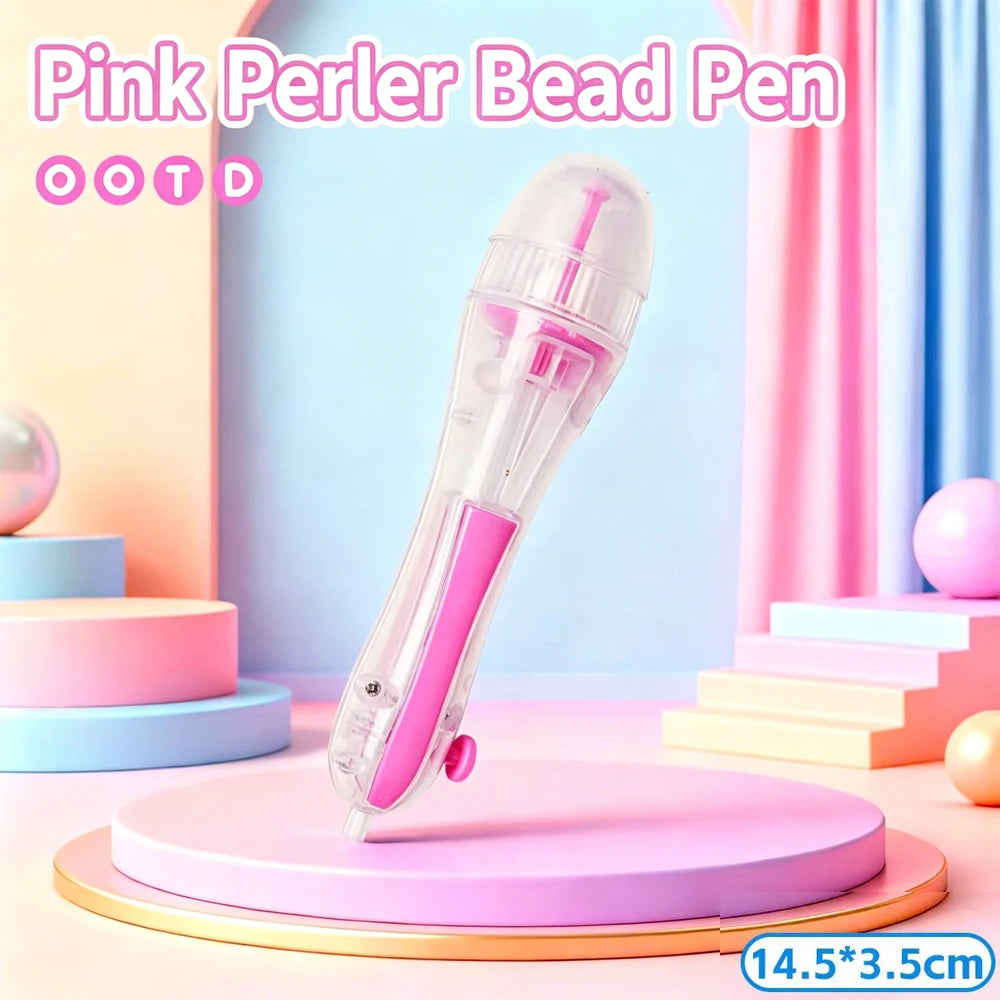 A pink perler bead pen is displayed on a pink stand with colorful backgrounds.