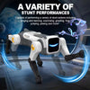 A white robotic dog performing stunts in a futuristic environment with blue light effects.