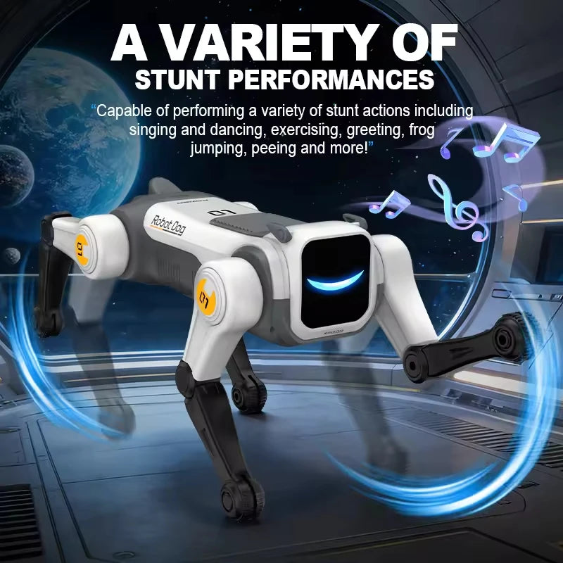 A white robotic dog performing stunts in a futuristic environment with blue light effects.