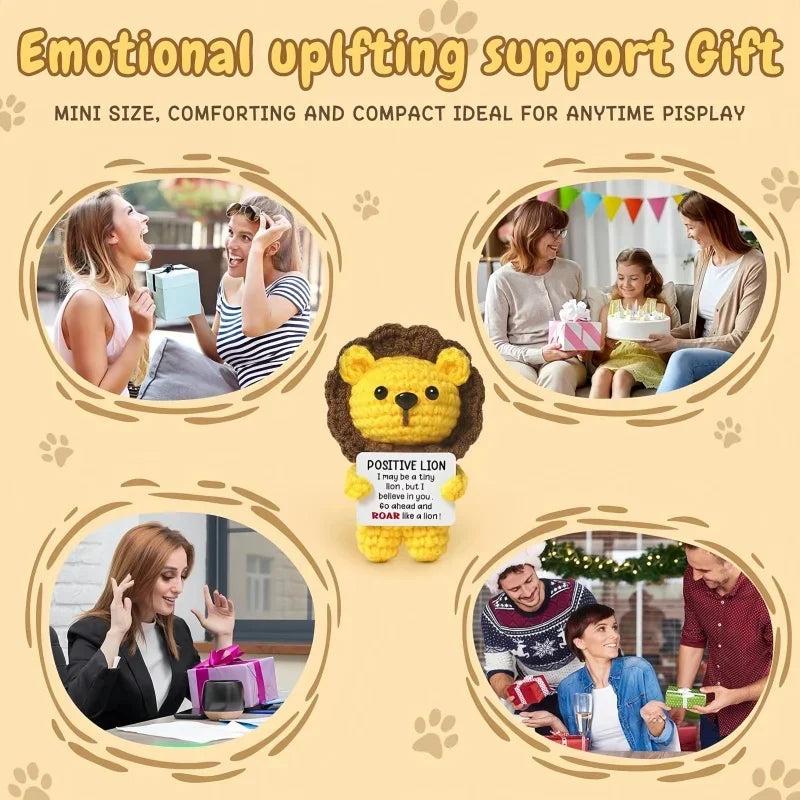 A mini crochet lion doll with a positive message card is shown in various contexts, including being held and displayed.