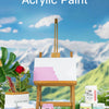 A bottle of 300ml Matte Acrylic Paint is displayed in a natural outdoor setting with paint palettes and greenery.