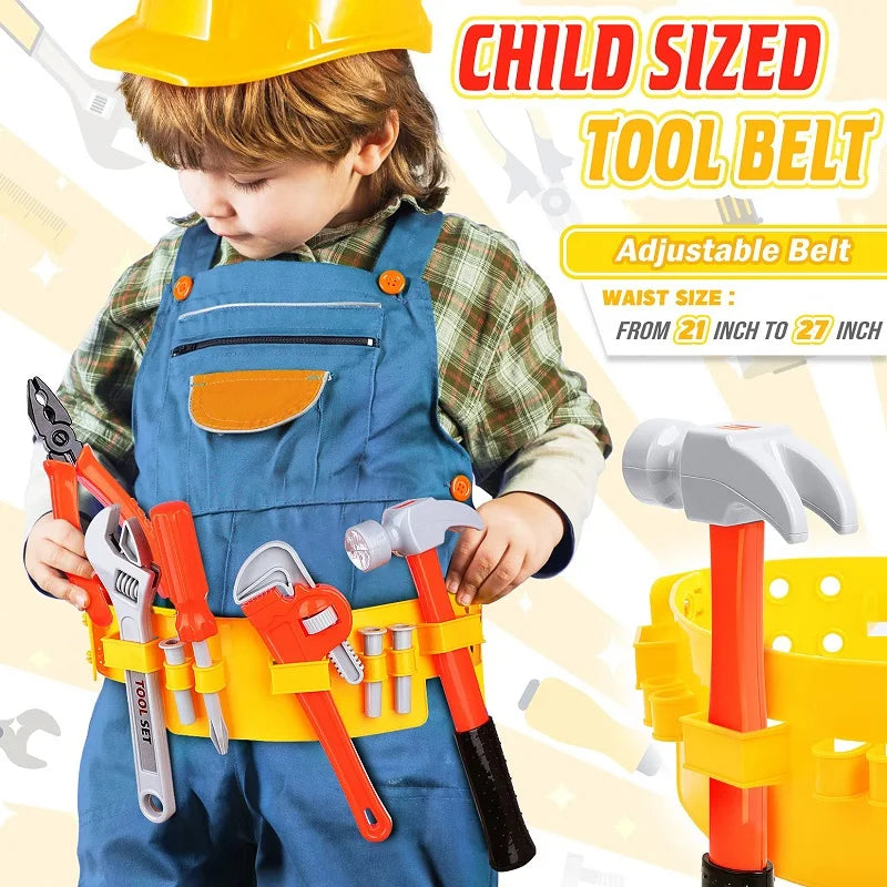 A child wearing an apron is holding a yellow tool belt with various hand tools and a toy drill.