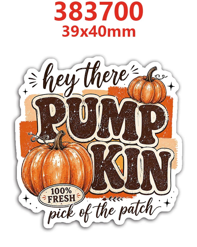 A sticker featuring text saying hey there pumpkin and pick of the patch with illustrations of pumpkins.