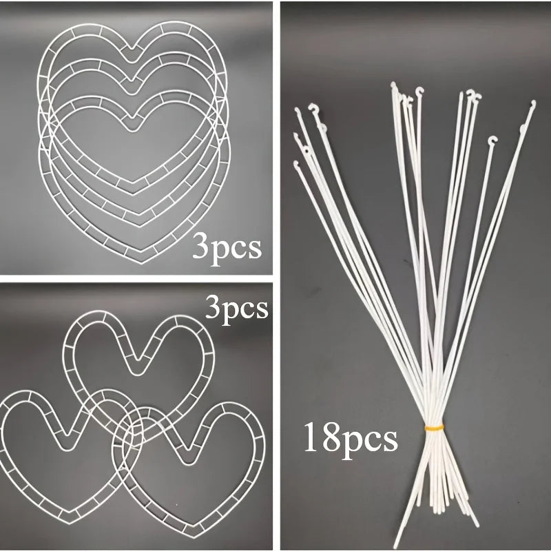 White wire heart-shaped flower holders for DIY bouquets, shown as flat cutouts and bundled wires.
