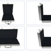 Portable aluminum poker chip carry case with a lock and non-slip mat shown in various open and closed views.