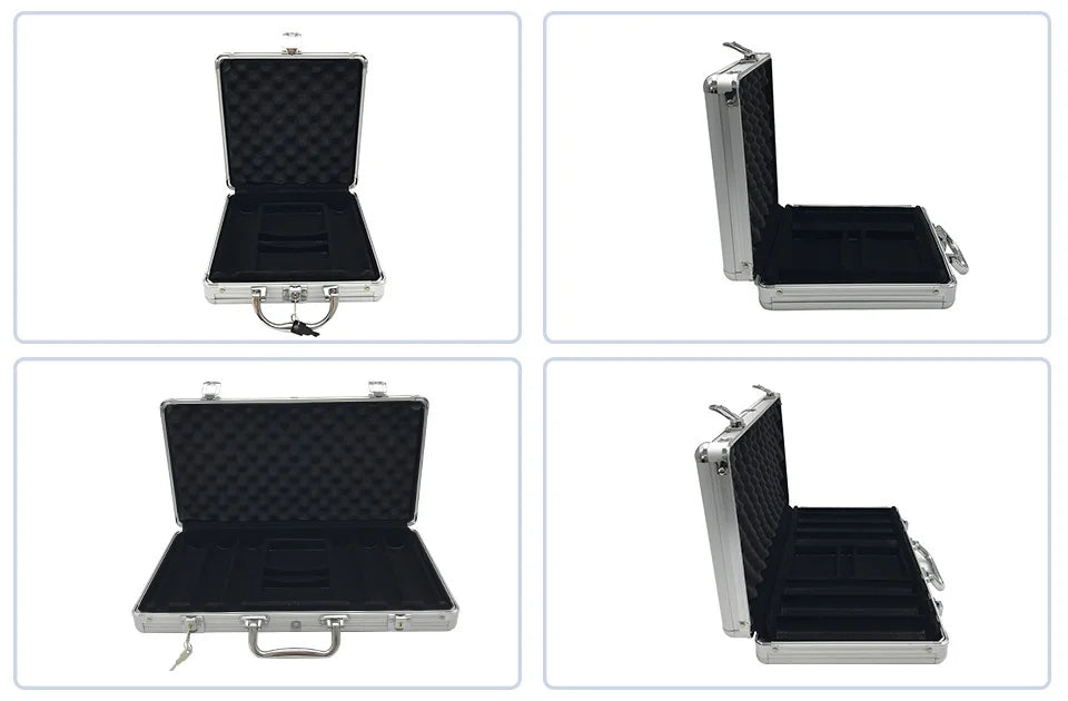 Portable aluminum poker chip carry case with a lock and non-slip mat shown in various open and closed views.