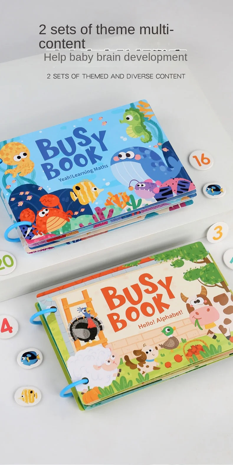 Two sets of theme multi-content baby brain development books featuring colorful illustrations and learning content