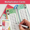 A hand holds a white pen writing on multiplication flash cards showing various multiplication facts for kids.