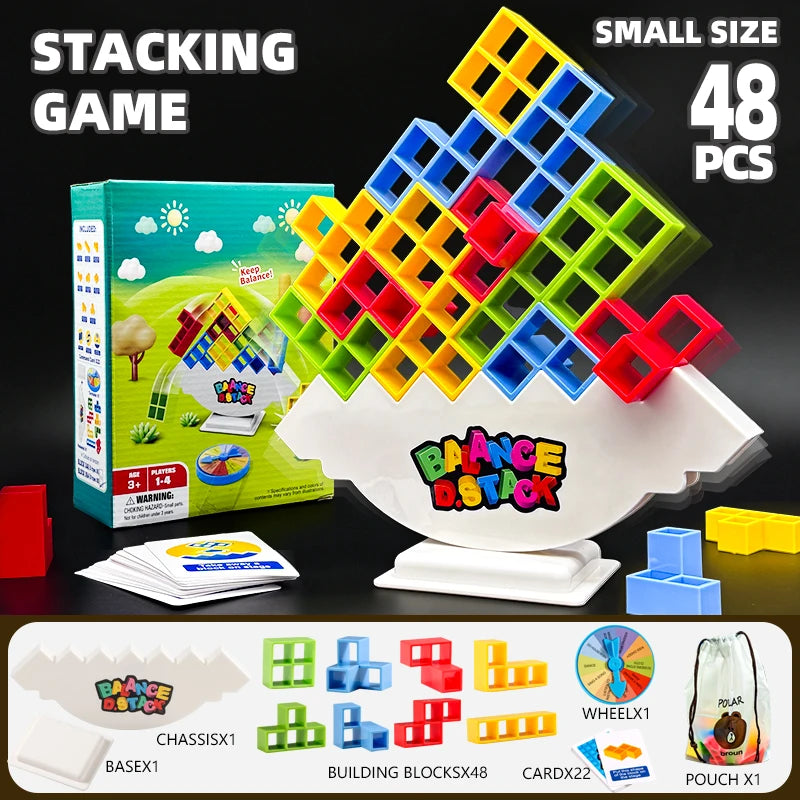 A stack of colorful building blocks in various sizes and colors, packaged as a stacking game.
