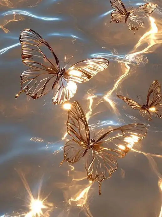 A close-up of a translucent butterfly painted by numbers on canvas, illuminated by bright light reflecting off the wings.