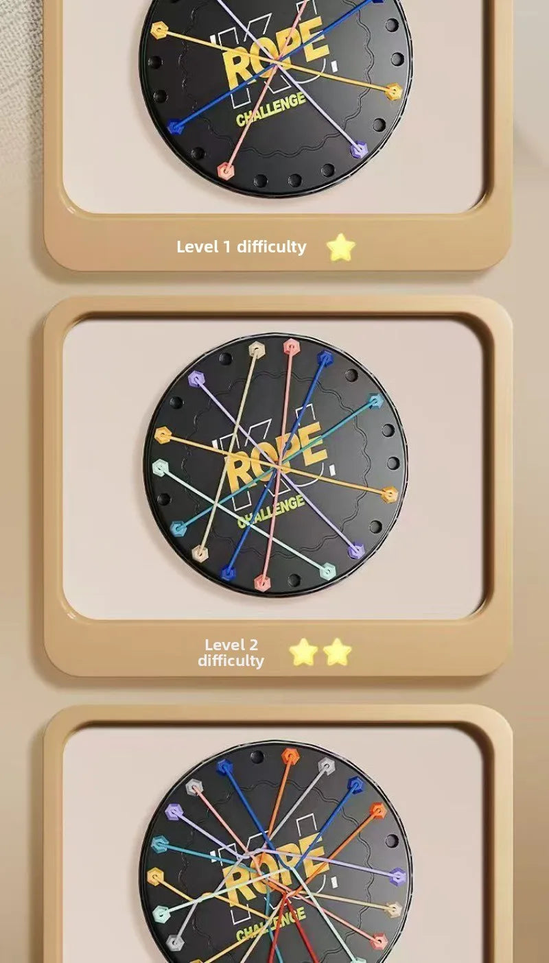 Three levels of a rope tangle challenge game showing difficulty progression with colored strings on a black circular board