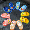 A collection of colorful lightweight children's plastic clogs in various shades of blue, pink, and yellow.