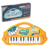 A yellow plastic piano toy keyboard with black and white keys, packaged as a music educational set.