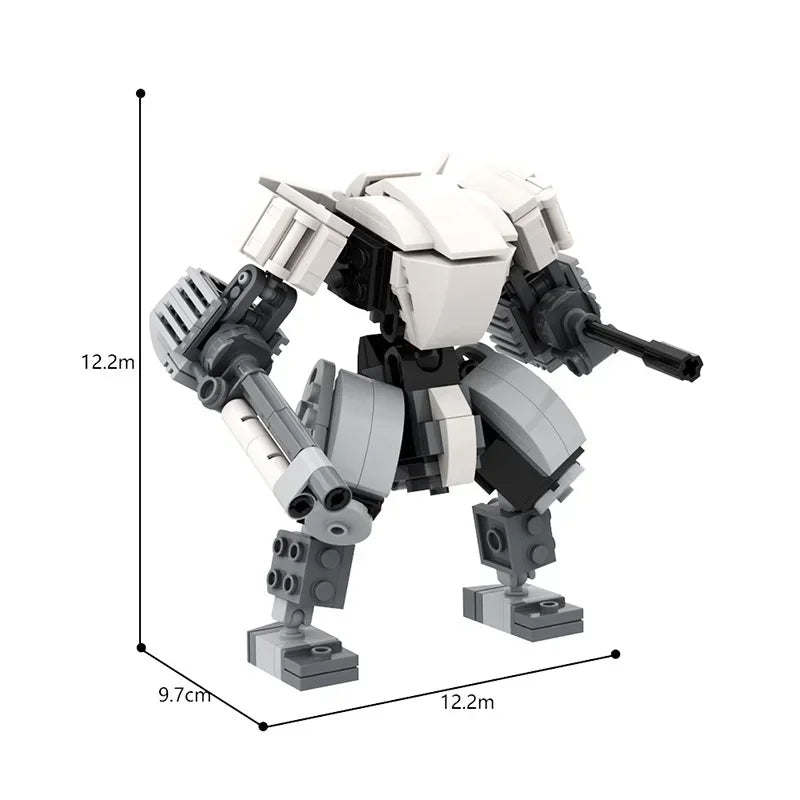 A white and black exoskeleton combat robot model built from building blocks, shown in a side view.