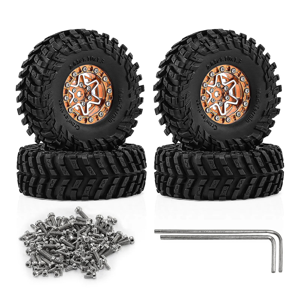Four 1.3 inch aluminum RC crawler wheels with tires and a set of metal rods for off-road rigs