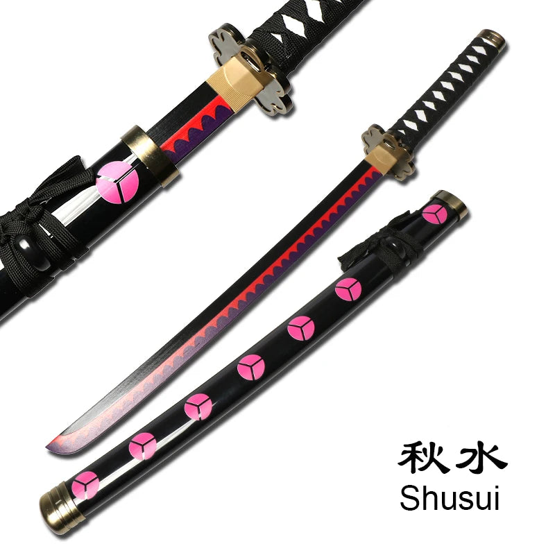 A black wooden katana sword with pink accents and a gold hilt, labeled as Shusui.