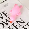 A pink, soft duck squeeze toy is shown resting on a white paper with black text.
