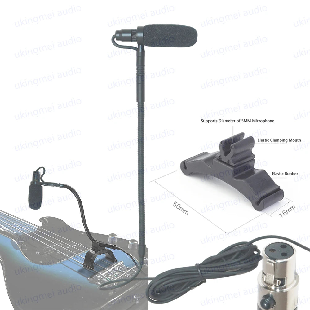A clip-on condenser microphone with a gooseneck is shown next to an elastic clamping mouth and a cable.