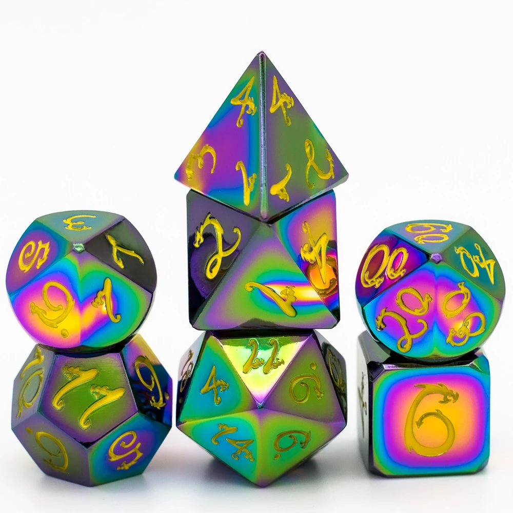 Premium Metal Polyhedral Dice Set with Dragon Font