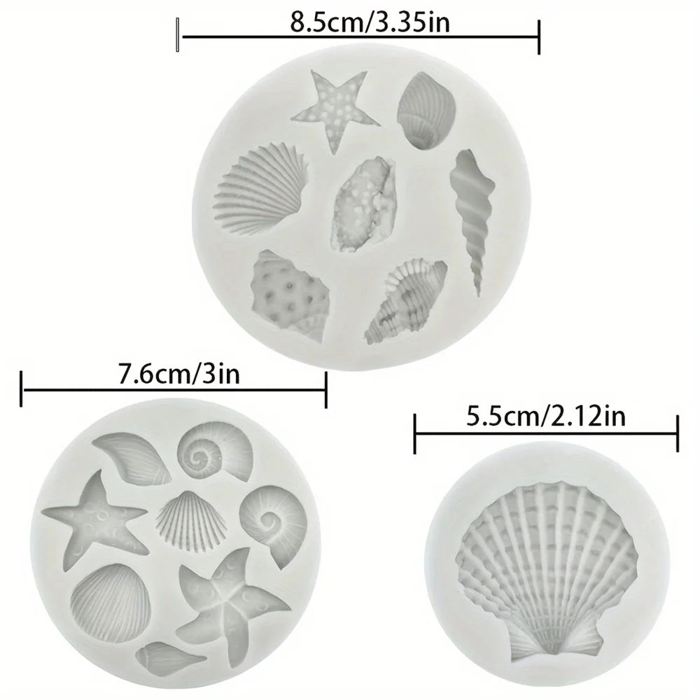 A set of silicone baking molds shaped like various seashells and starfish for ocean-themed crafts.