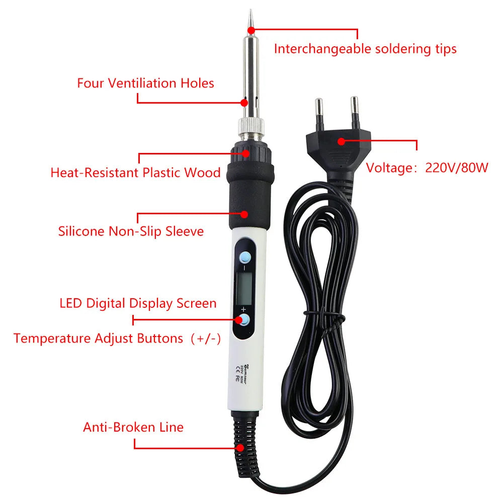 A white precision soldering iron with a digital display, interchangeable tips, and temperature adjustment buttons.