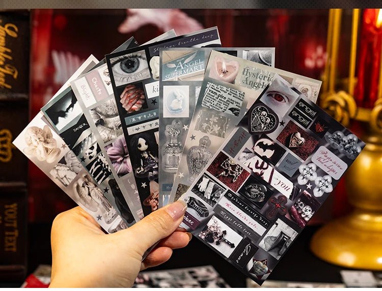 A hand holds a stack of die-cut sticker sheets featuring retro day and night poetry for journaling and scrapbooking.