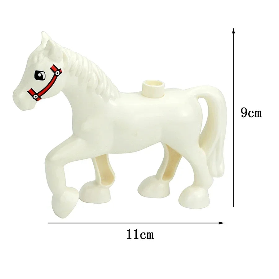 A white plastic horse building block with a red bridle, shown from the side.