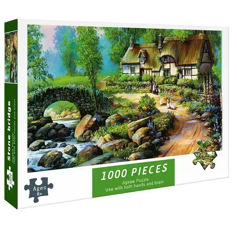 A 1000-piece jigsaw puzzle depicting a picturesque countryside scene with a stone bridge and a rustic house.