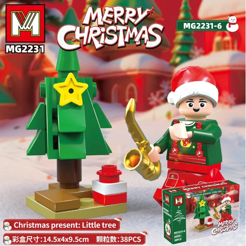 A set of Merry Christmas building blocks featuring a green Christmas tree and a character in red and green attire.
