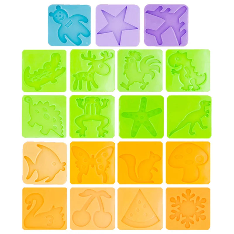 A grid of colorful silicone stamps featuring various animal and nature shapes for a DIY craft kit.