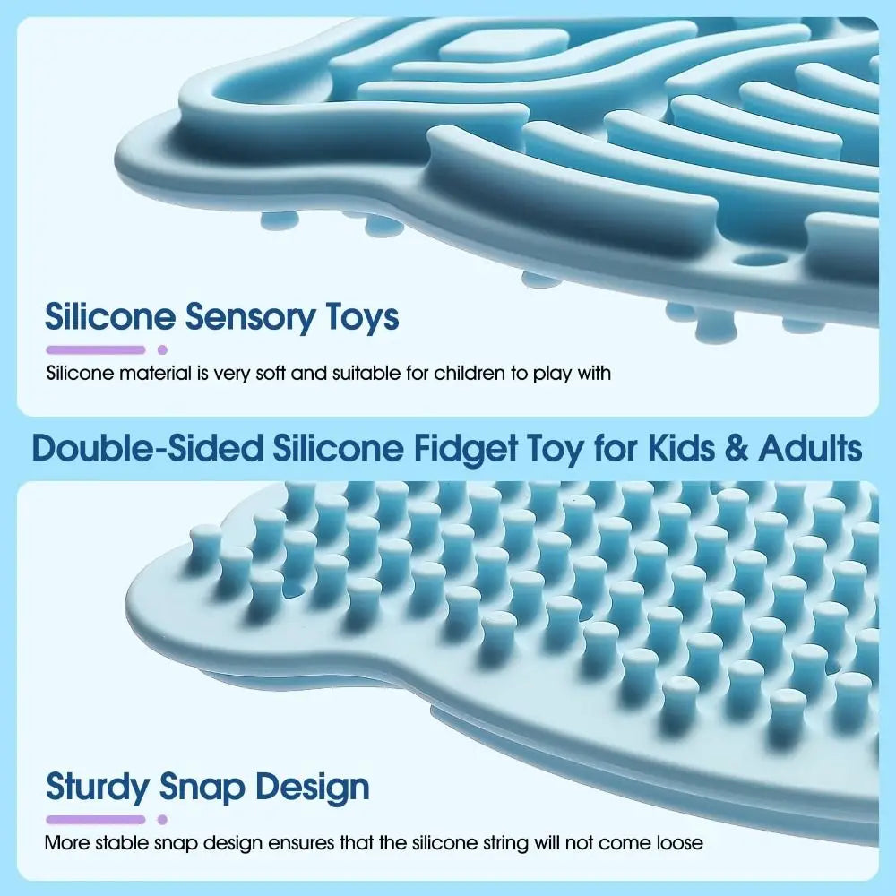 A light blue silicone sensory toy featuring a double-sided design with multiple strings for kids and adults.