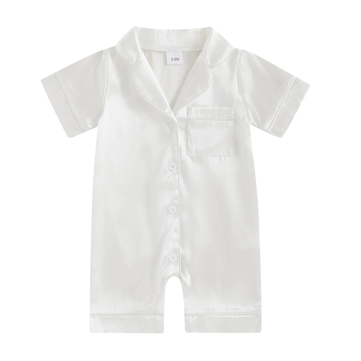 White satin button-up romper sleepwear for toddlers with a collar and pocket