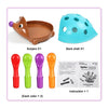 A set of blue and orange hedgehog-shaped fine motor skills toys including a helmet and various colored hands for toddlers